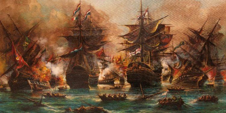 Ιωσήφ Ντεμίρης (1946 - 2023) Ναυμαχία του Ναβαρίνου (20 Οκτωβρίου 1827) Λάδι σε μουσαμά, 70x80 εκ.