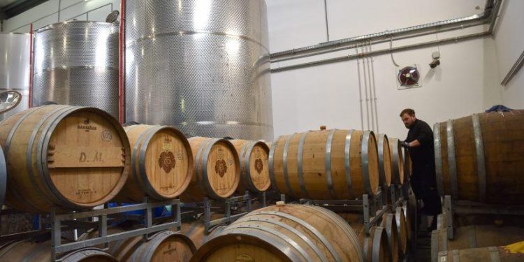 Φωτογραφία που δόθηκε σήμερα στη δημοσιότητα και εικονίζει εργαζόμενους στον Αγροτικό Οινοποιητικό Συνεταιρισμό Τυρνάβου, κατά τη διάρκεια της εμφιάλωσης προϊόντων καρασιού και τσίπουρου. ΑΠΕ-ΜΠΕ/ΑΠΕ-ΜΠΕ/ΑΠΟΣΤΟΛΗΣ ΝΤΟΜΑΛΗΣ