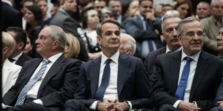 Ο πρωθυπουργός Κυριάκος Μητσοτάκης με τους πρώην πρωθυπουργούς Κώστα Καραμανλή και Αντώνη Σαμαρά σε εκδήλωση της Νέας Δημοκρατίας για την Ημέρα της Ευρώπης, στην Αθήνα στις 9 Μαίου, 2023 Nick Paleologos / SOOC